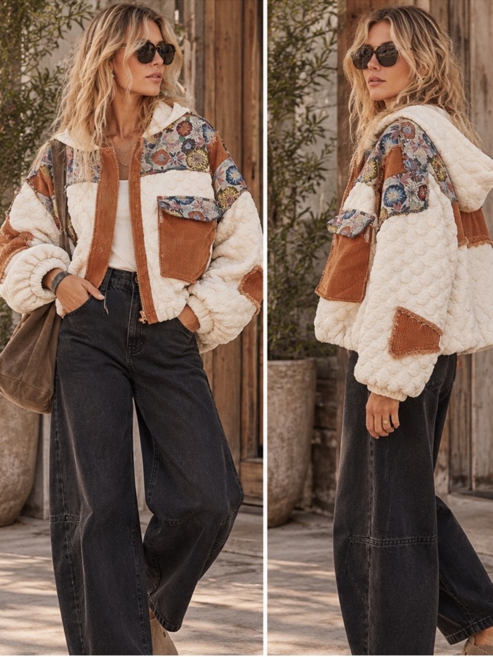 POL "Big Bear" Quilted Floral Tapestry Hoodie Jacket